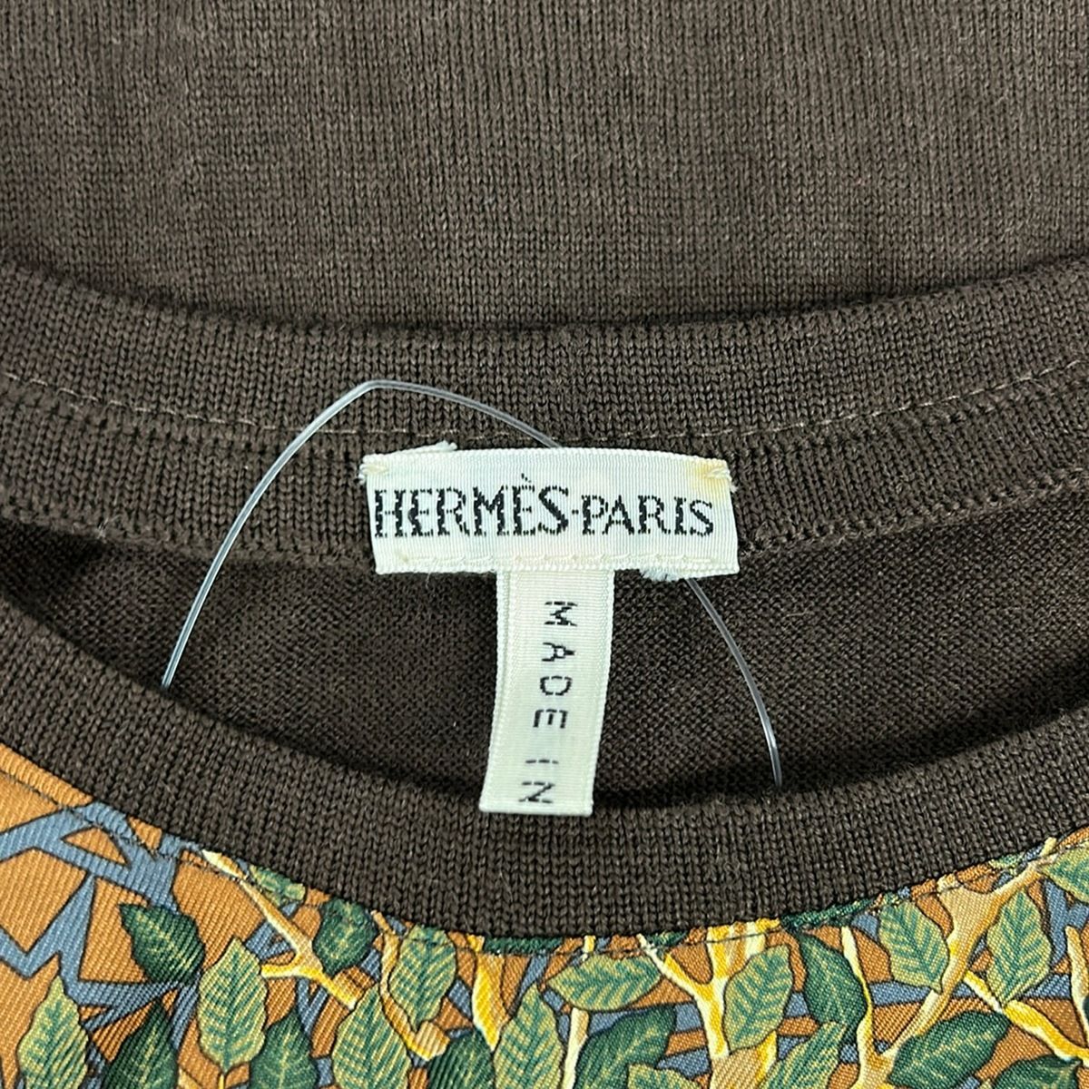 Hermes Long Sleeve Sweater S Dark Brown Multi Crew Neck Front Silk Floral — view 3