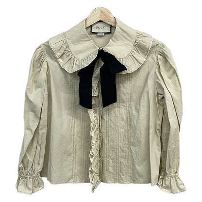 Gucci Long Sleeve Shirt Blouse 40 M Beige Ivory Ribbon Frill