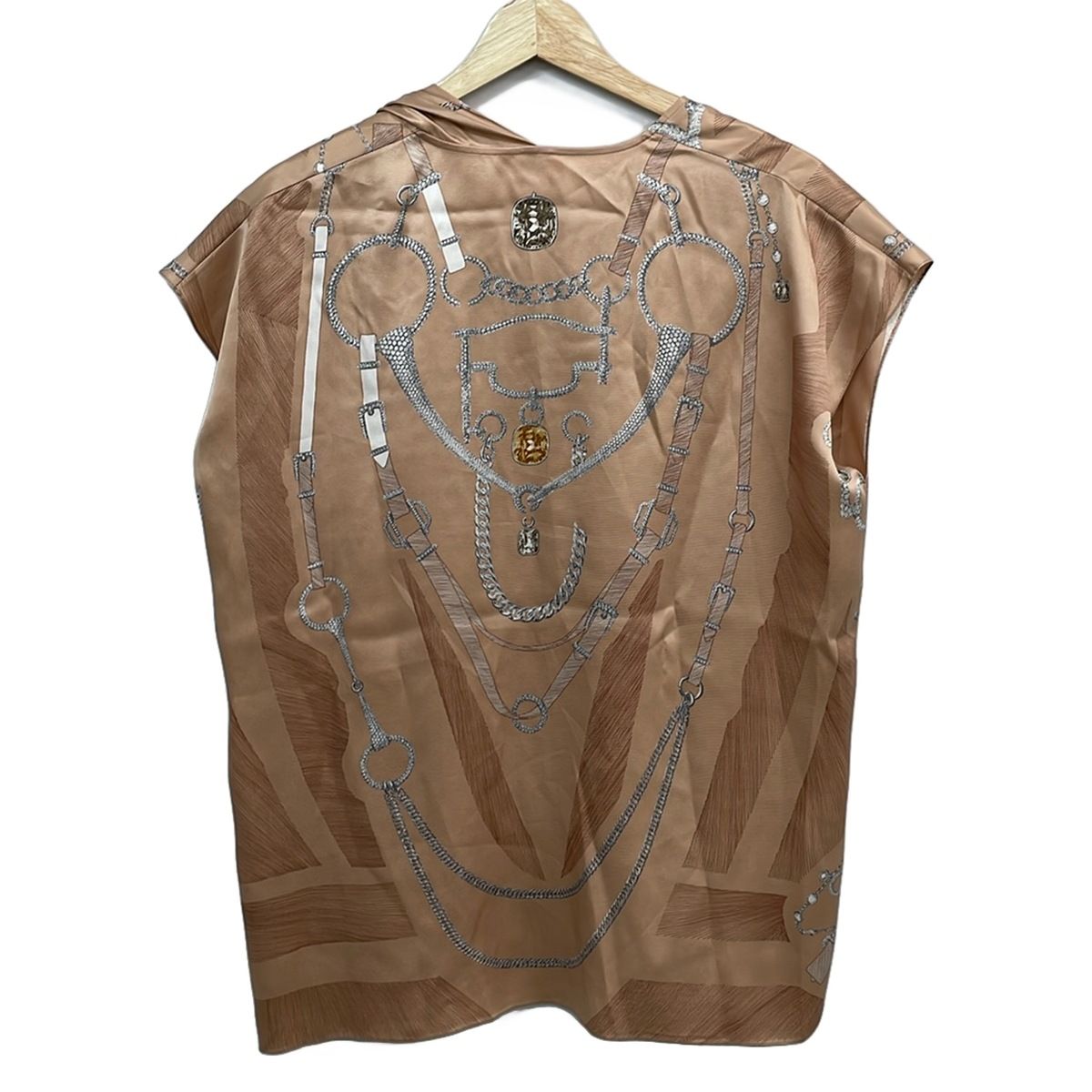 Hermes Sleeveless Top 38 M Pink Beige White Multi V-neck Silk Pattern — view 2