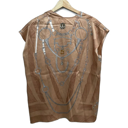 Hermes Sleeveless Top 38 M Pink Beige White Multi V-neck Silk Pattern — view 2