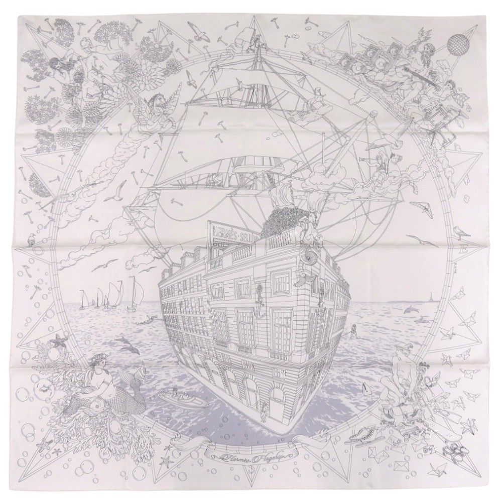 Hermes Carre 90 Flagship 16 Silk Blanc Black Scarf