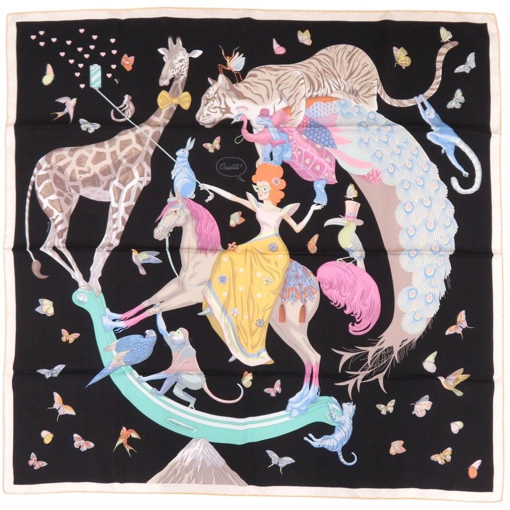 Hermes Carre 90 Story Silk Black Scarf