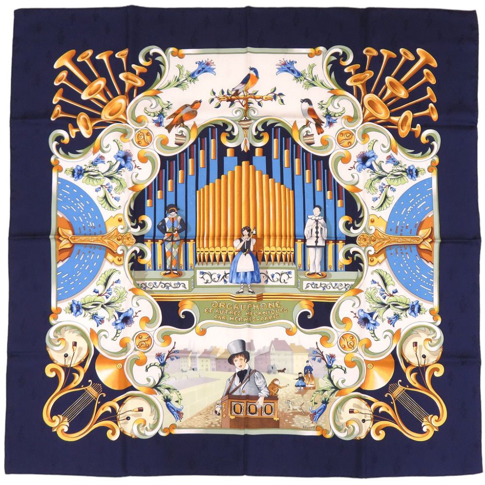 Hermes Carre 90 Orgauphone Pipe Organ and Mechanical Instruments Silk Navy Scarf