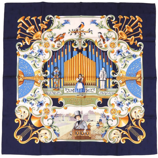 Hermes Carre 90 Orgauphone Pipe Organ and Mechanical Instruments Silk Navy Scarf
