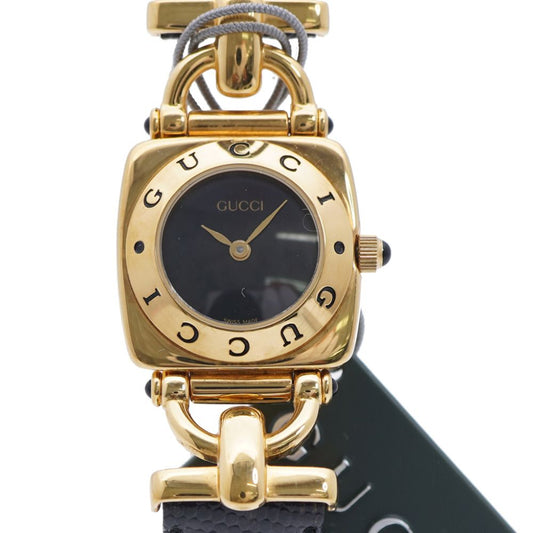Gucci Quartz Watch Stainless Steel Embossed Leather Black Dial