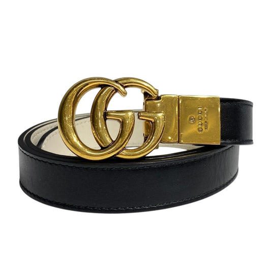 Gucci Belt GG Emblem Slim Leather Logo Black Gold