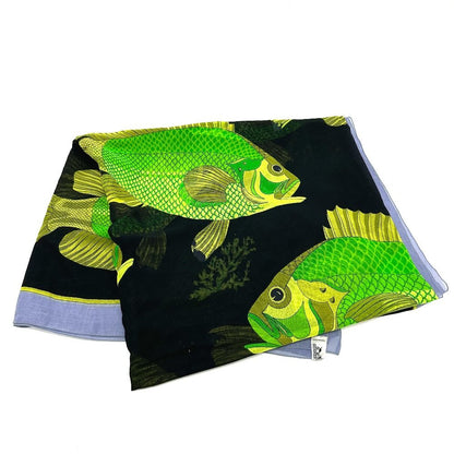 Hermes Shawl Fish Cotton Black Scarf