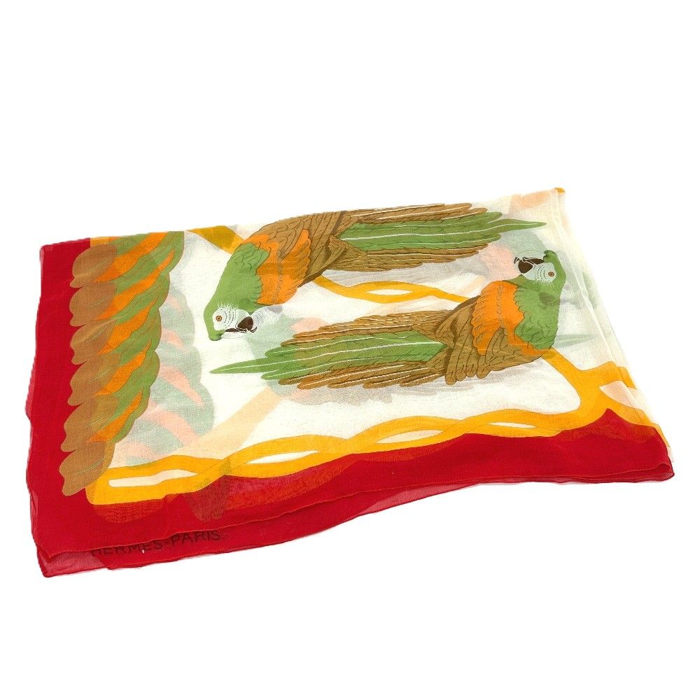 Hermes Shawl Parrot Print Cotton Red Scarf — view 4
