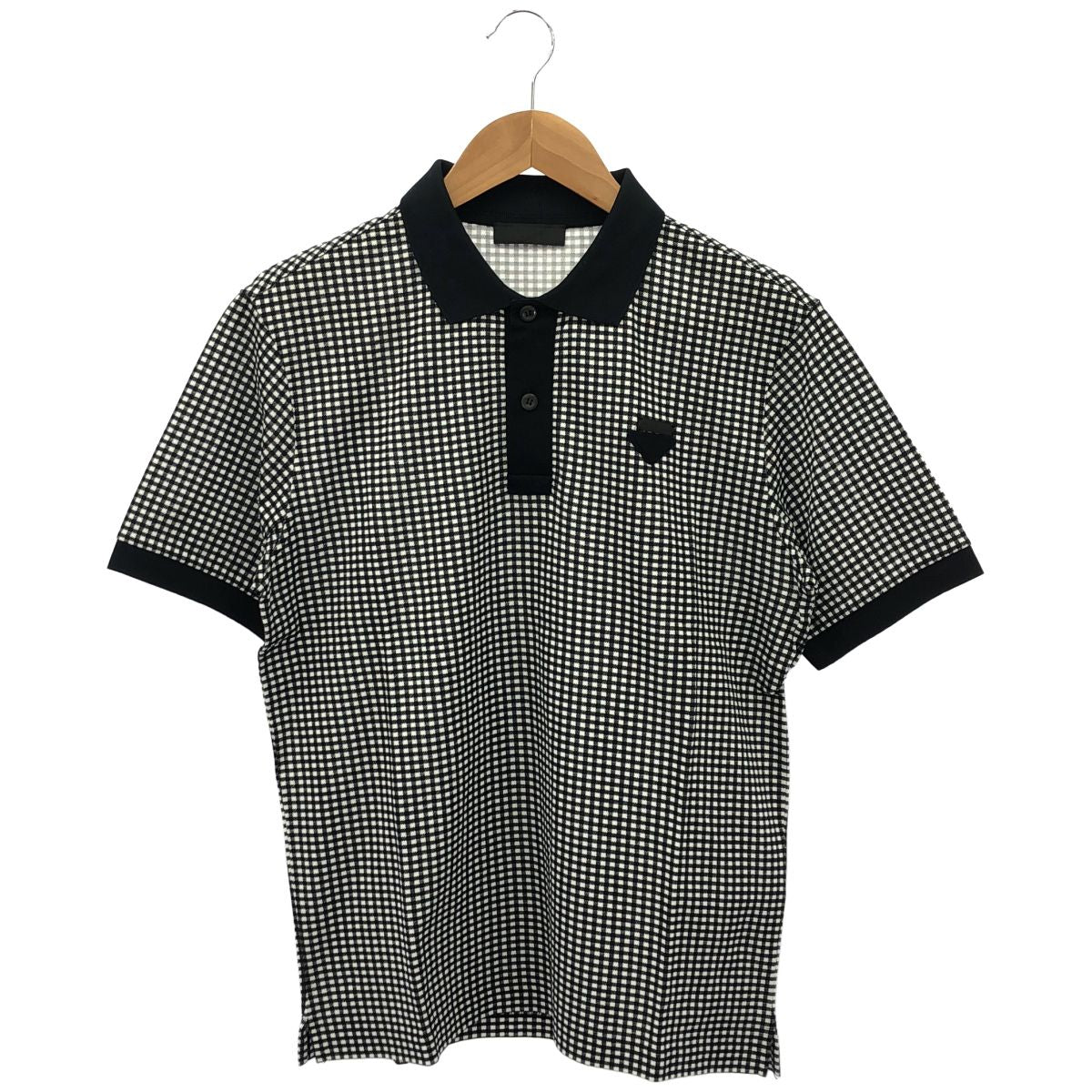 Prada Black White Gingham Check Triangle Logo Polo