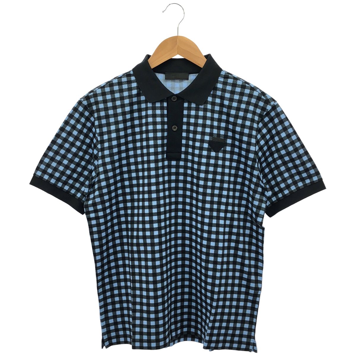 Prada Blue Gingham Check Triangle Logo Polo