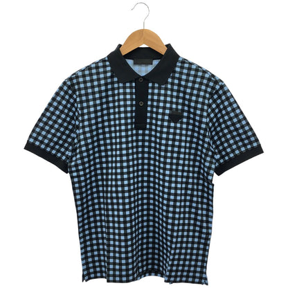 Prada Blue Gingham Check Triangle Logo Polo