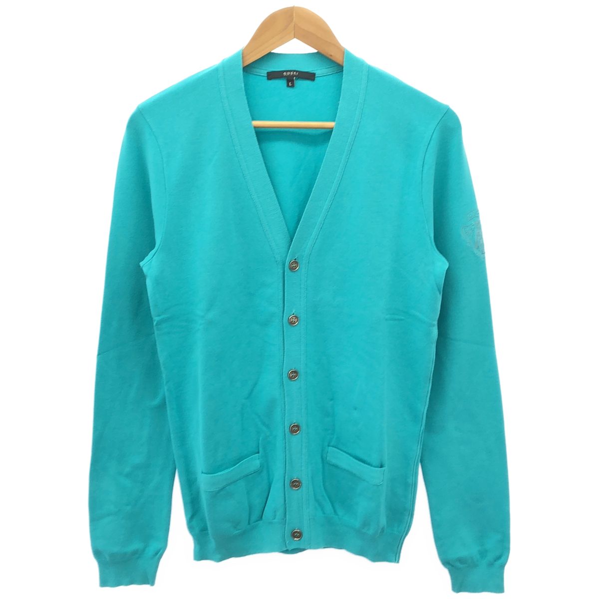 Gucci Blue Crest Logo Cotton Knit Car Diggan Sweater