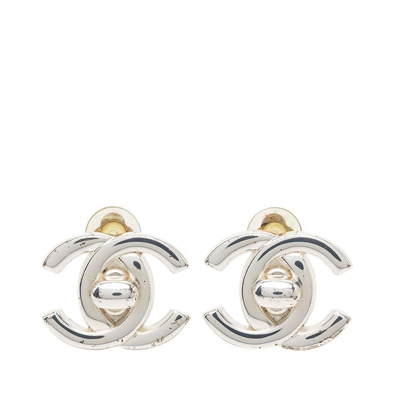 Chanel 96A CC Logo Turnlock Vintage Earrings Silver Metal