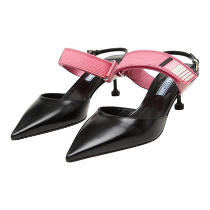 Prada Pointed Toe Slingback Pumps Black Pink Leather Heel 36