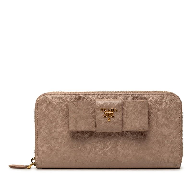 Prada Saffiano Zip Around Wallet Ribbon Beige Leather