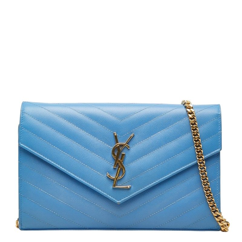 Saint Laurent Cassandra Envelope Chain Wallet Shoulder Bag Blue Gold Leather