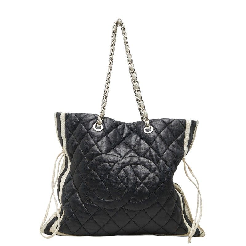 Chanel CC Logo Quilted Chain Shoulder Tote Navy Lambskin
