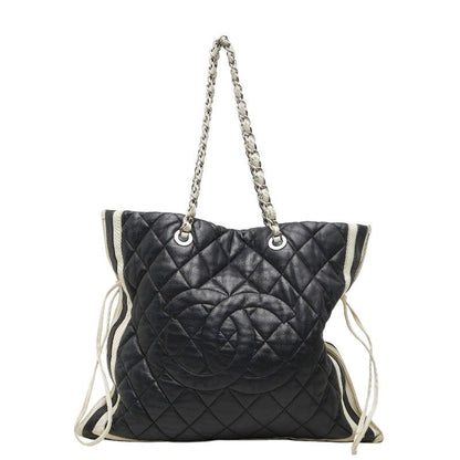 Chanel CC Logo Quilted Chain Shoulder Tote Navy Lambskin