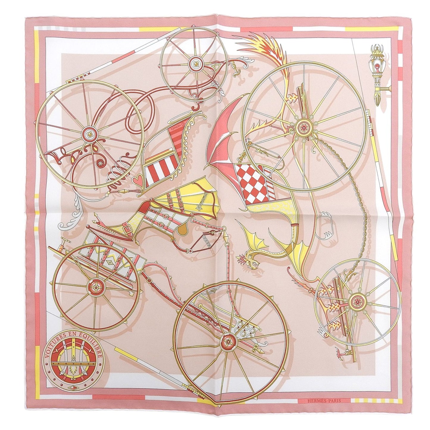 Hermes Carre 45 Voitures en Nquilibre Elaborate Carriage Silk 100% Scarf Pink