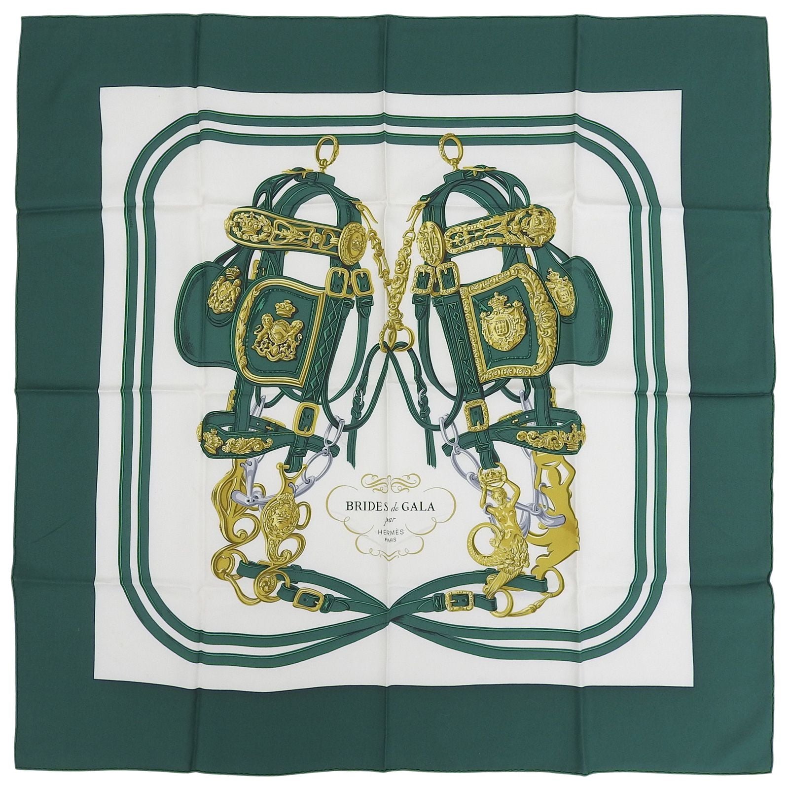 Hermes Carre 90 Brides de Gala Ceremonial Bridle Silk 100% Scarf Green Multi