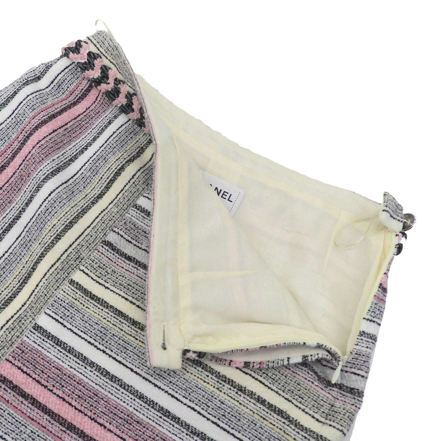 Chanel Cotton Asymmetric CC Logo Buttoned Tweed Skirt Multi 34 — view 3