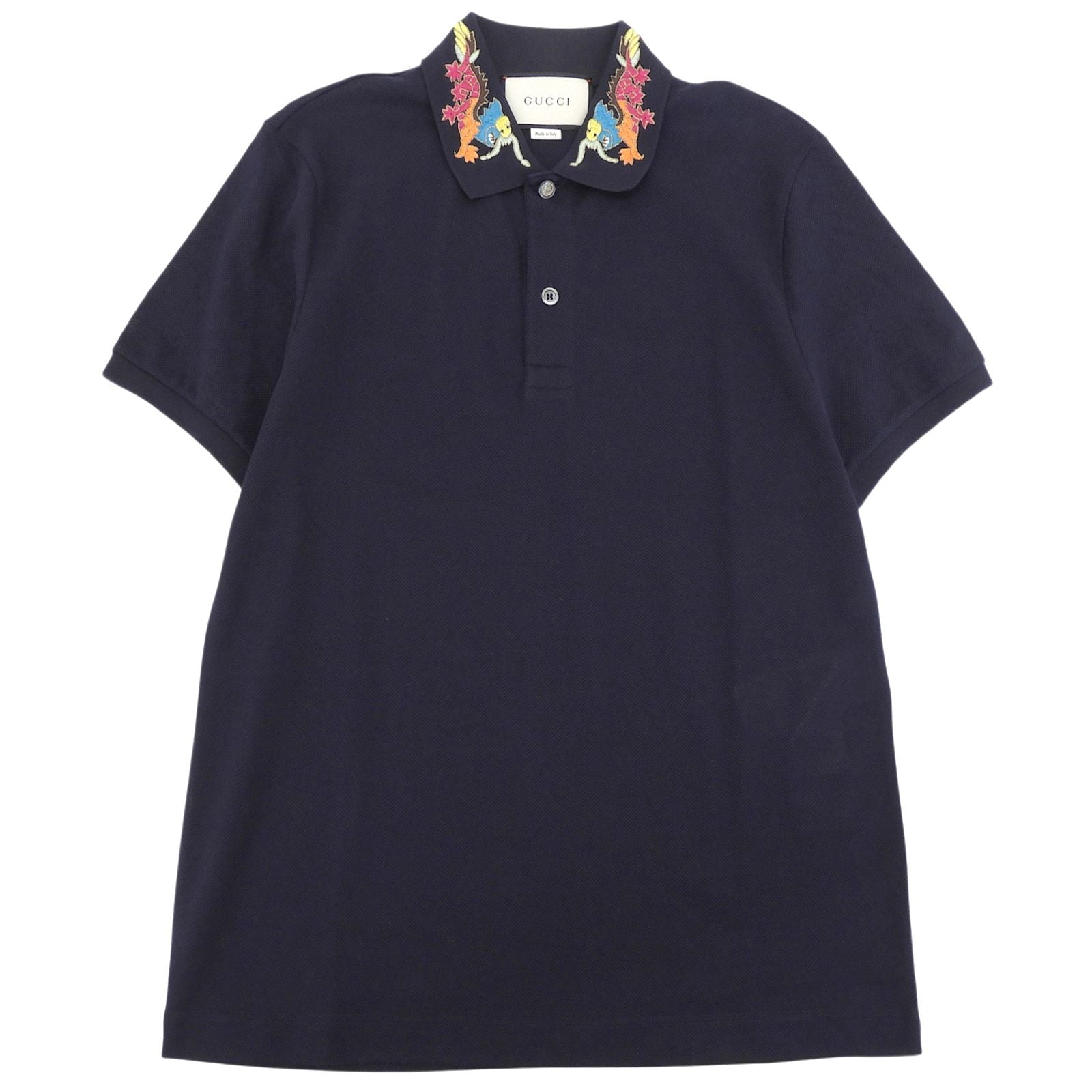 Gucci Cotton Interlocking Buttoned Dragon Embroidery Short Sleeve Polo Shirt