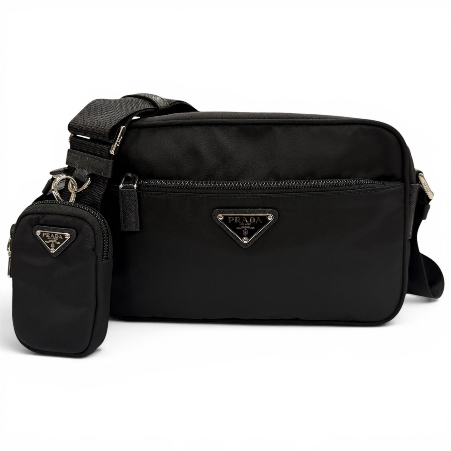 Prada Nylon Re-Nylon Triangle Logo Plate Shoulder Bag Black Silver