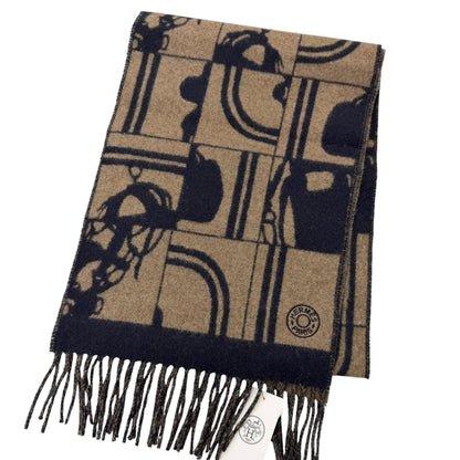 Hermes Brid Gala Cashmere Clou de Selle Embroidery Fringe Scarf Marine Etoupe