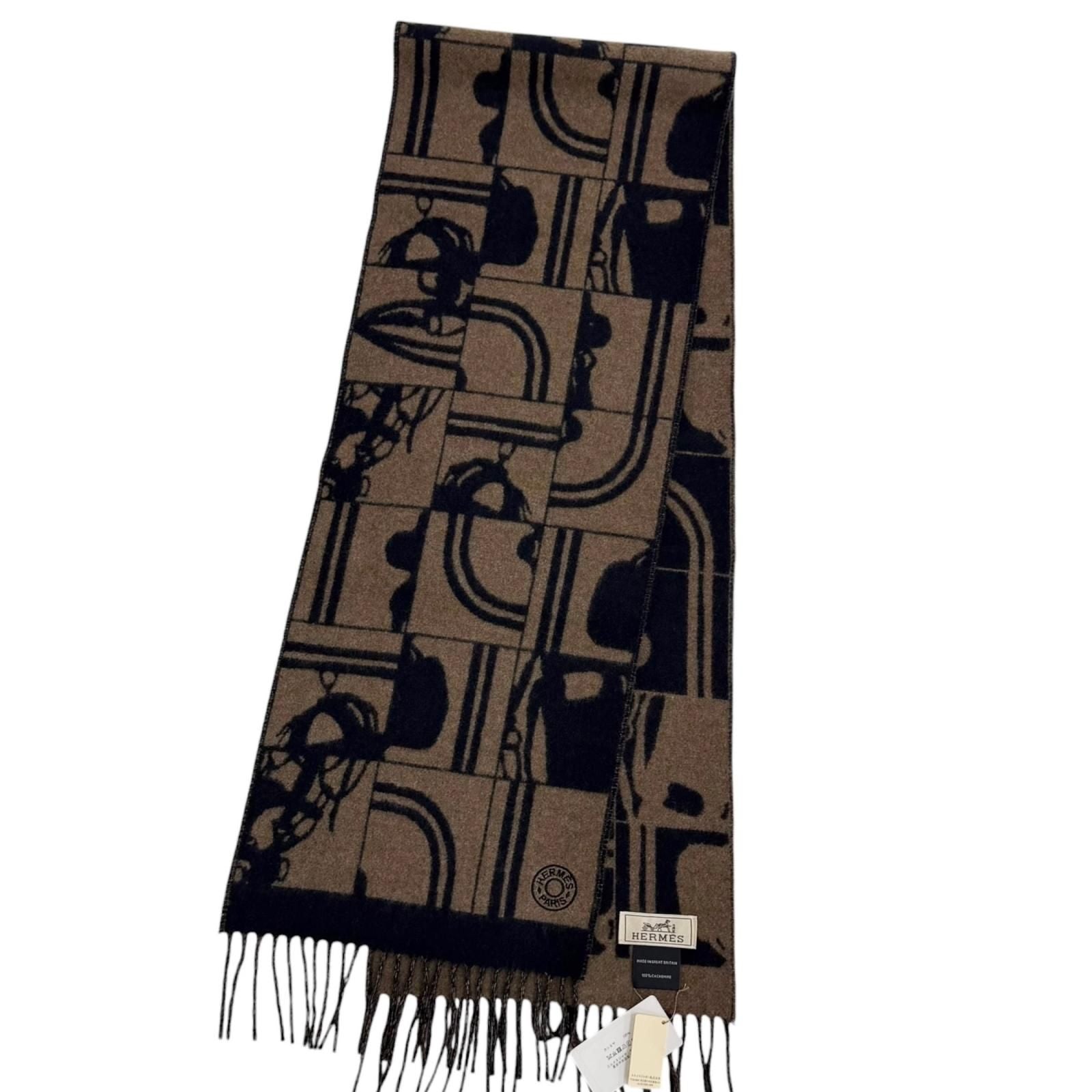 Hermes Brid Gala Cashmere Clou de Selle Embroidery Fringe Scarf Marine Etoupe — view 4
