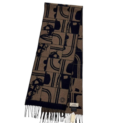 Hermes Brid Gala Cashmere Clou de Selle Embroidery Fringe Scarf Marine Etoupe — view 4