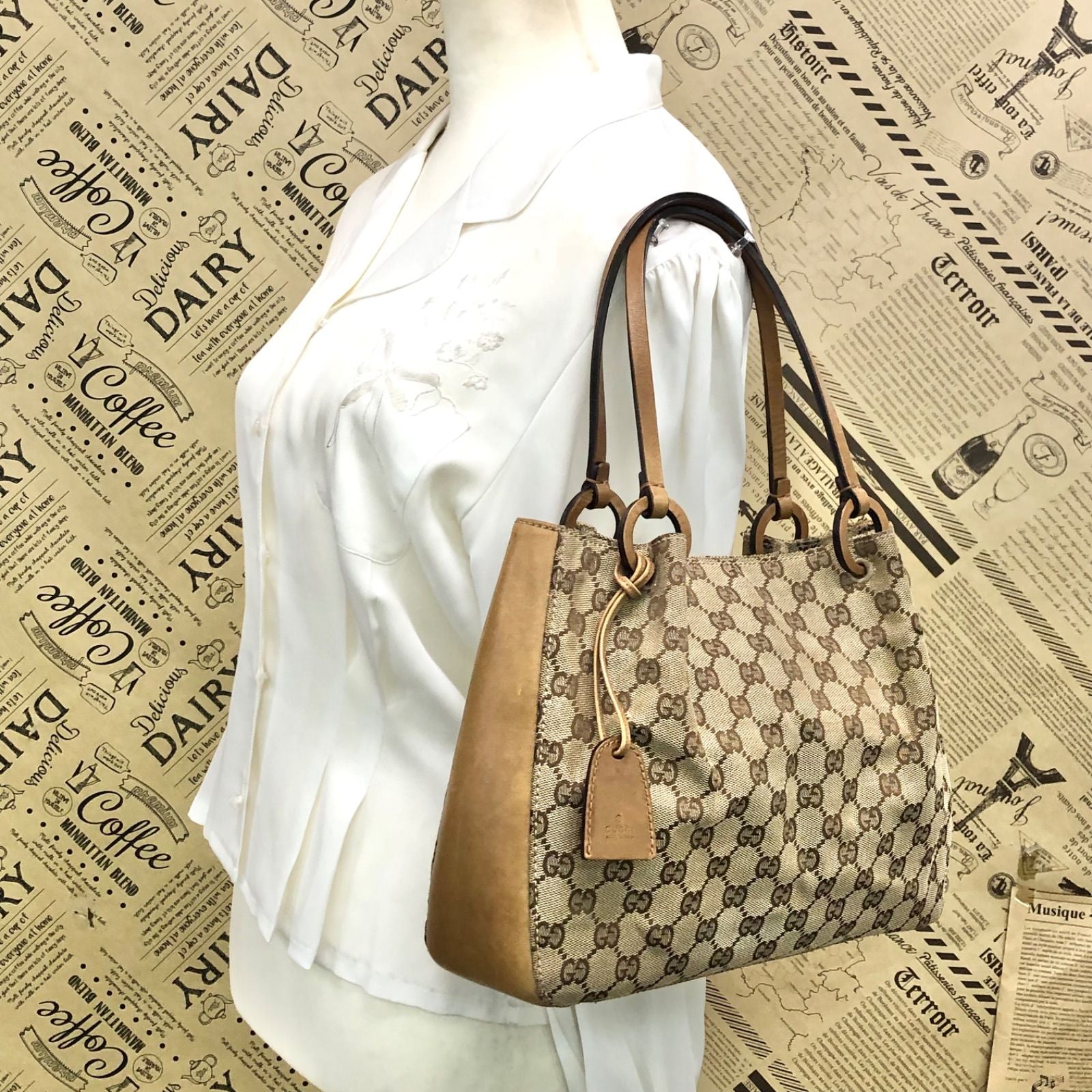 Gucci GG Canvas Tote Business Everyday Leather Brown — view 3