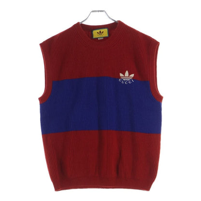 Gucci Adidas di Logo Knit Vest Kuru Neck Red Blue