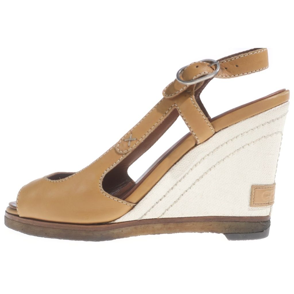 Chanel Wedge Saw Leather Sandals Logo Brown White — view 2