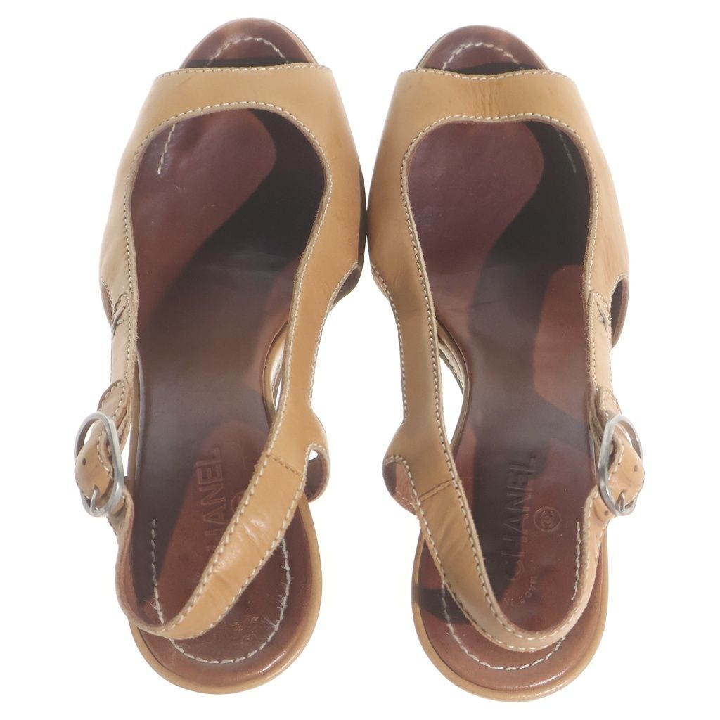 Chanel Wedge Saw Leather Sandals Logo Brown White — view 4