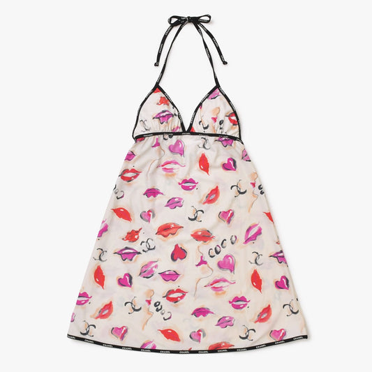 Chanel Maillot Dress CC Logo Lip All Over Print Spandex Nylon 4 40