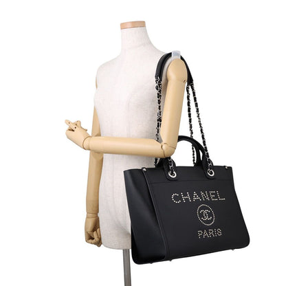 Chanel Tote Bag Deauville Shopping CC Logo Studs Caviar Leather 2-Way Black — view 5