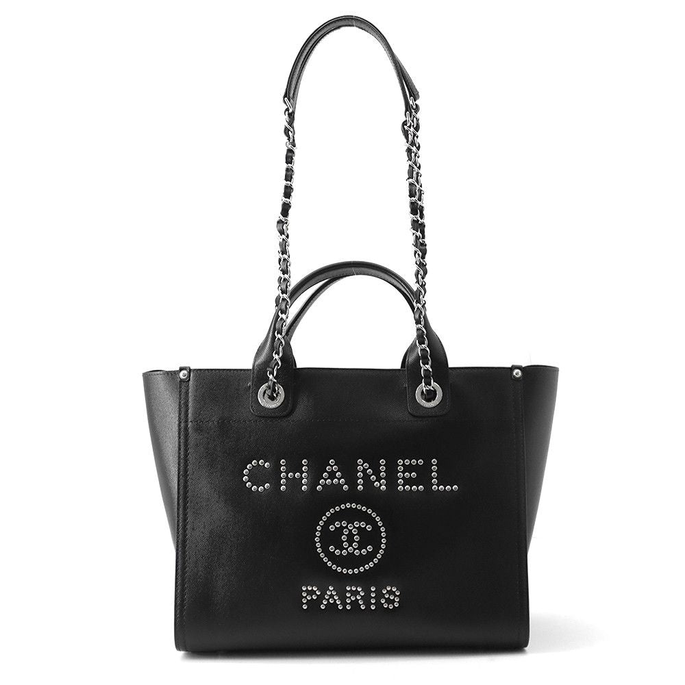 Chanel Tote Bag Deauville Shopping CC Logo Studs Caviar Leather 2-Way Black