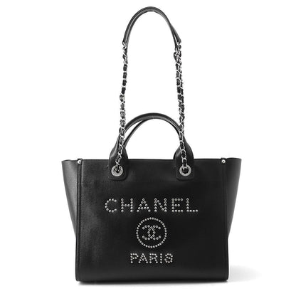 Chanel Tote Bag Deauville Shopping CC Logo Studs Caviar Leather 2-Way Black