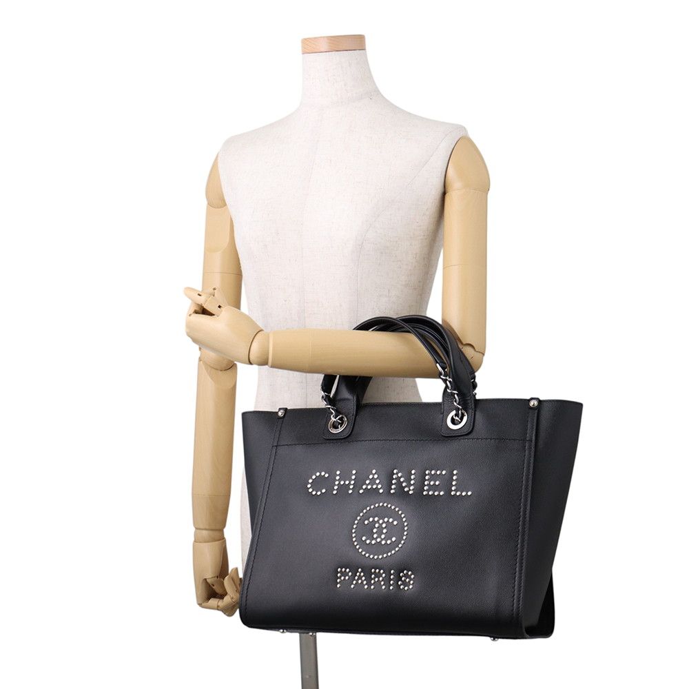Chanel Tote Bag Deauville Shopping CC Logo Studs Caviar Leather 2-Way Black — view 4
