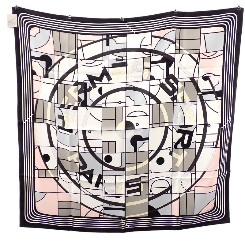 Hermes Carre 90 Anamorphee Scarf Silk Black White Pink Multicolor Sport