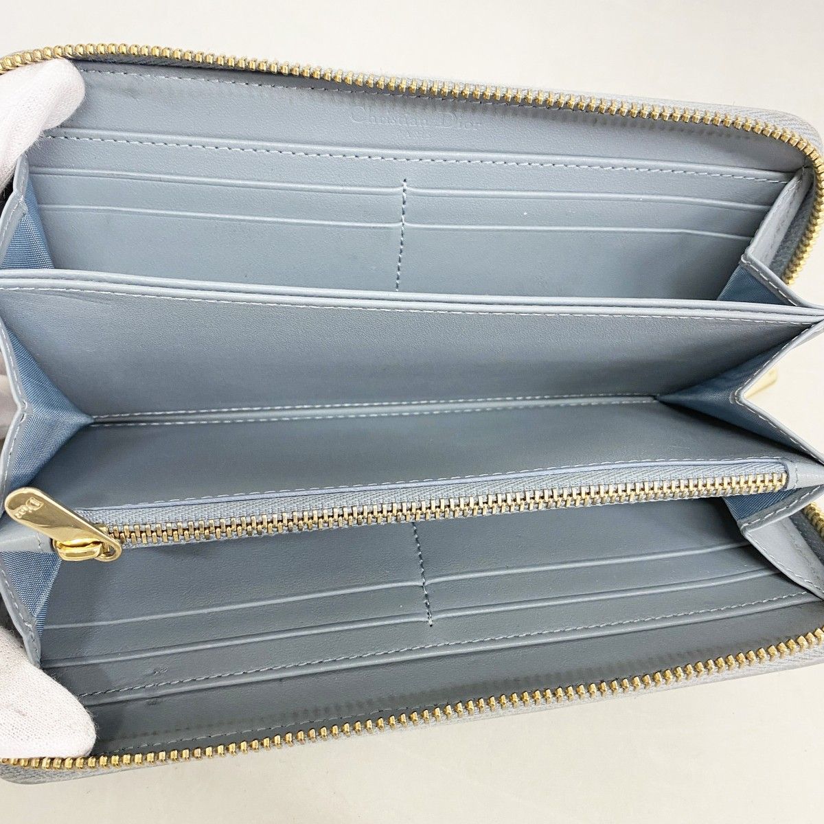 Dior Wallet Cannage Leather Light Blue Champagne Gold — view 3
