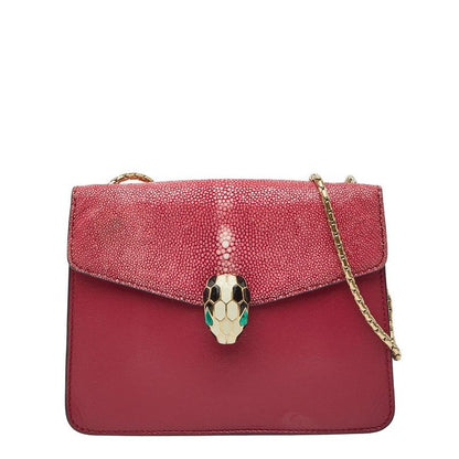 Bvlgari Serpenti Chain Shoulder Bag Red Pink Leather Sting Gray