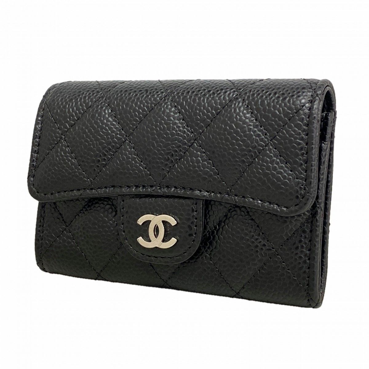Chanel Card Case Quilted Caviar Leather Black Silver