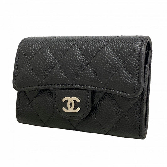 Chanel Card Case Quilted Caviar Leather Black Silver