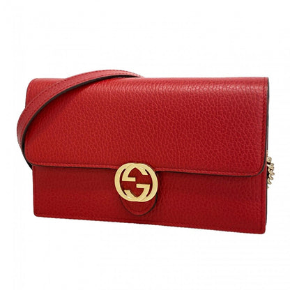 Gucci Shoulder Wallet Interlocking Leather Red Gold