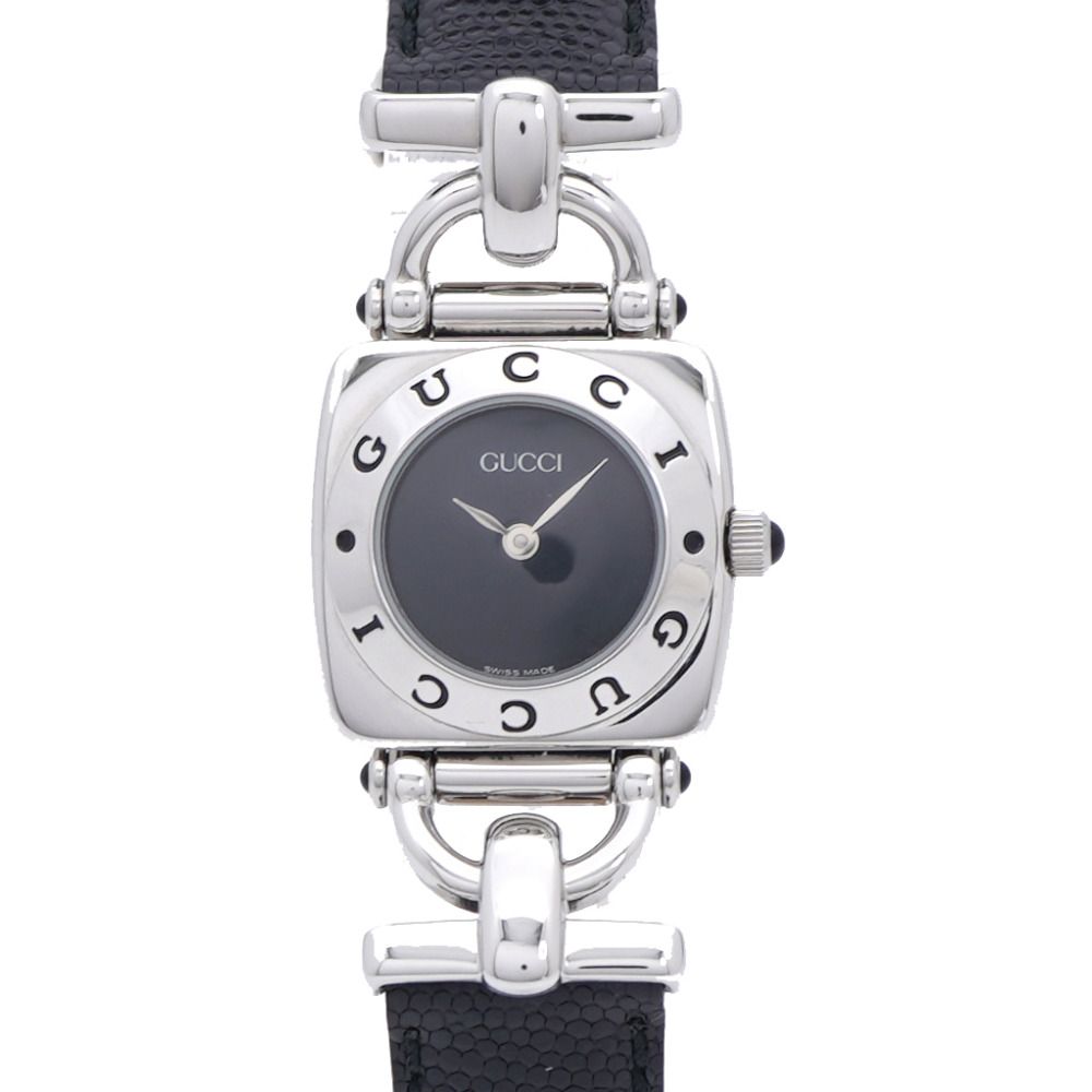 Gucci Quartz Watch Stainless Steel Embossed Leather Black Dial