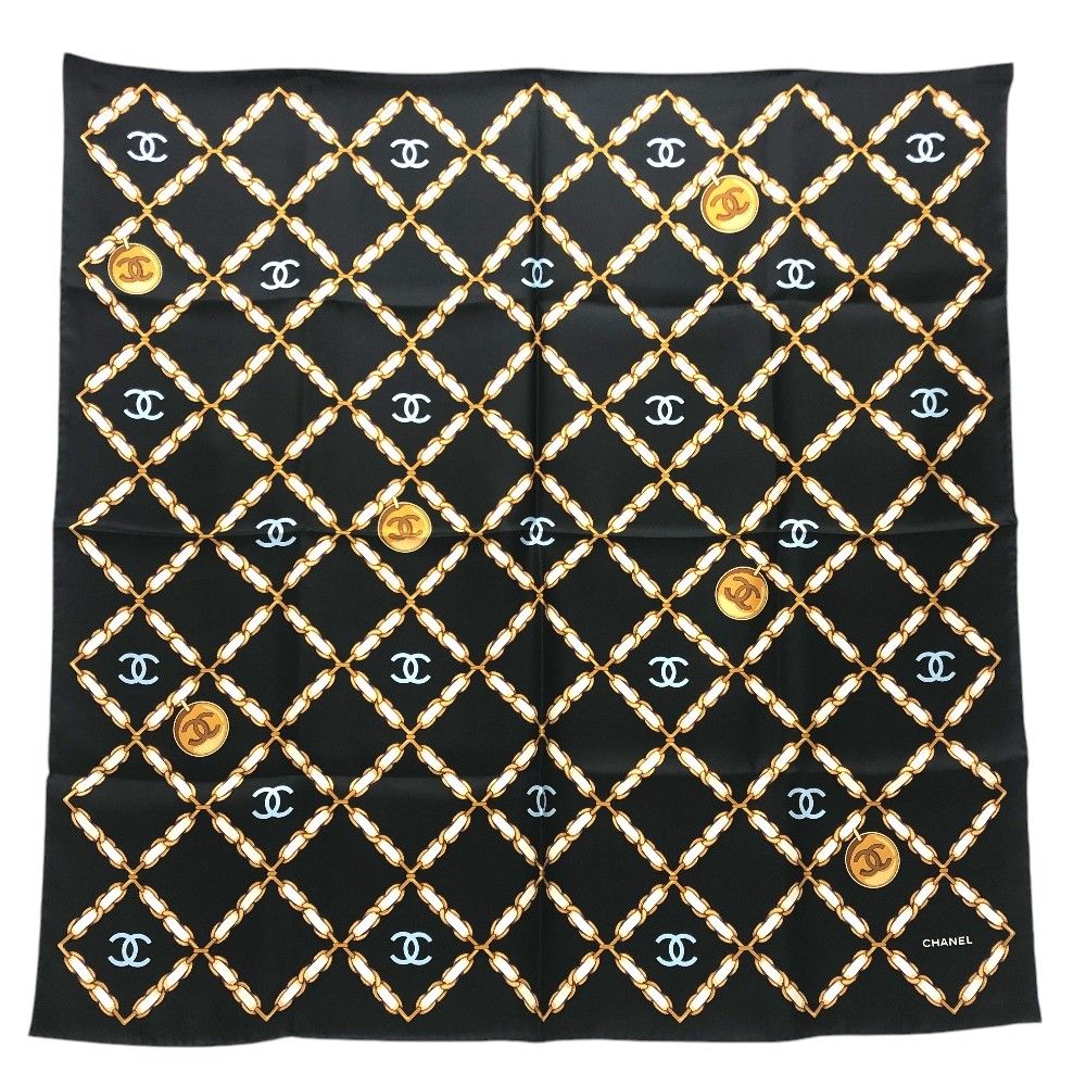 Chanel Scarf CC Logo Chain All Over Pattern Silk Black