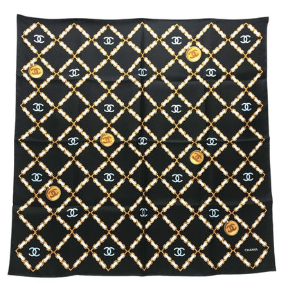 Chanel Scarf CC Logo Chain All Over Pattern Silk Black