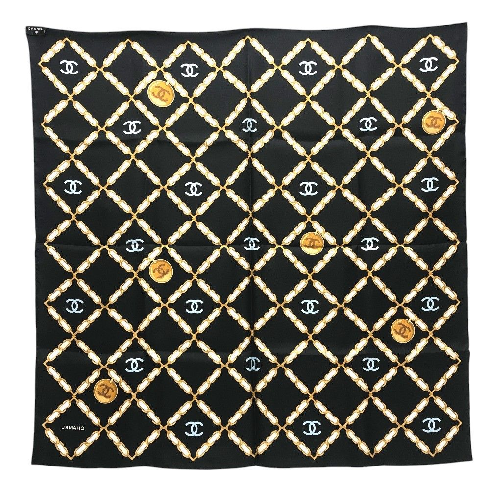 Chanel Scarf CC Logo Chain All Over Pattern Silk Black — view 2