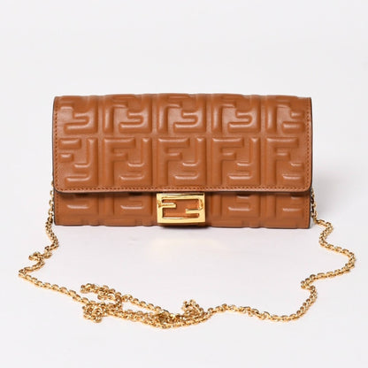 Fendi Wallet Continental Embossed FF Logo Brown Nappa Leather Gold